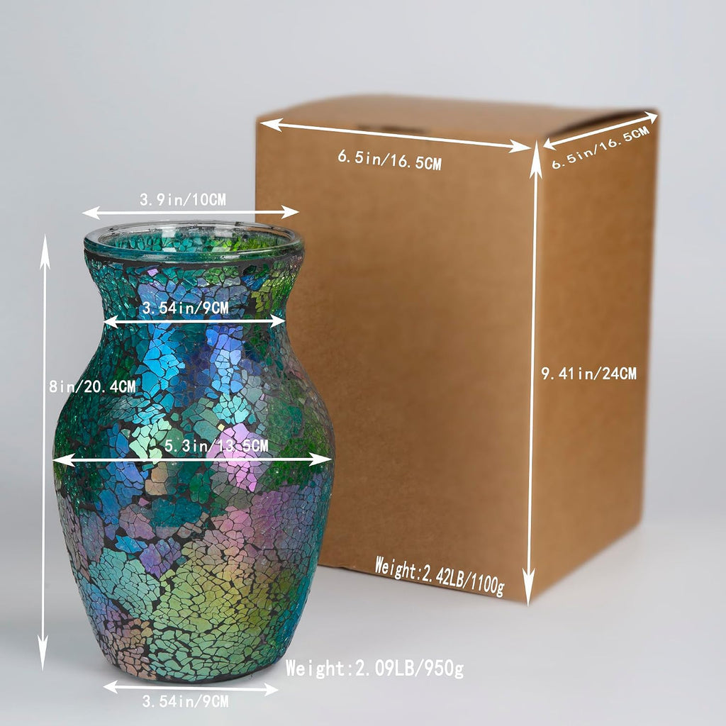 8" Iridescent Crackle Glass Vase, Handmade Deep Teal Green & Violet Mosaic Flower Vase, Dynamic Light-Reactive Art Centerpiece for Home Decor