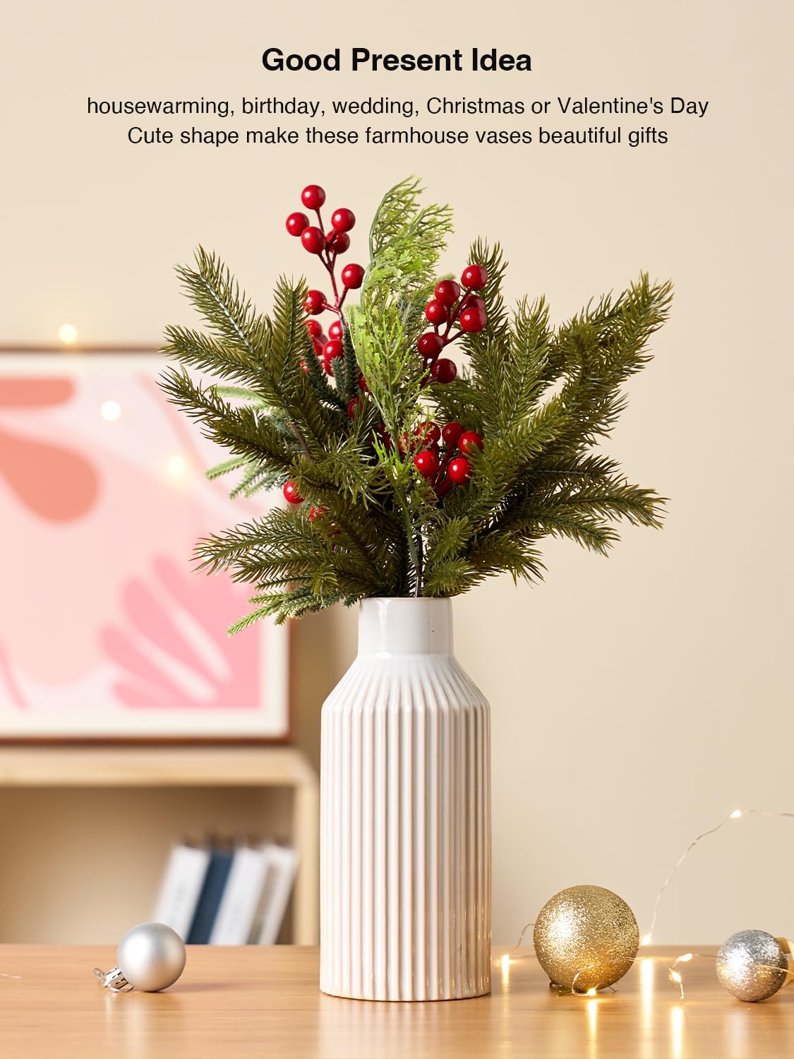 STHIE Beige Ceramic Vase, 8 Inch Rustic Farmhouse Minimalist Vases Home Decor, Small Pampas Grass Vases for Table Living Room (White)