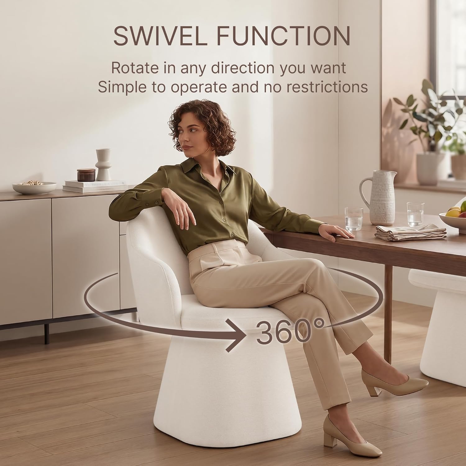 KISLOT Swivel Dining Chairs Set of 4, Upholstered Modern Barrel Dining Chairs with 360° Swivel Base, Chenille Velvet Fabric Accent Kitchen Chairs with Arms, Padded Dining Room Chairs, Cream