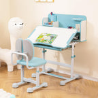 Costzon Kids Height-Adjustable Study Desk and Chair Set with Tilting Desktop, Pen Holder, Reading Stand, Footrest Bar, Ergonomic Design for Toddlers (Blue, 31.5"x21.5"x42")