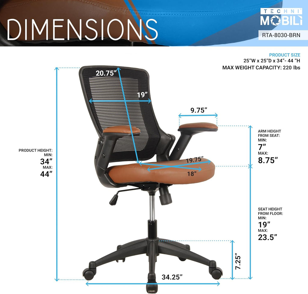 Ergonomic Office Chair with Mesh Back Rest, Height Adjustable with Flip Up Arms and Swivel, Mid-Back Task Home Office Chair, Brown
