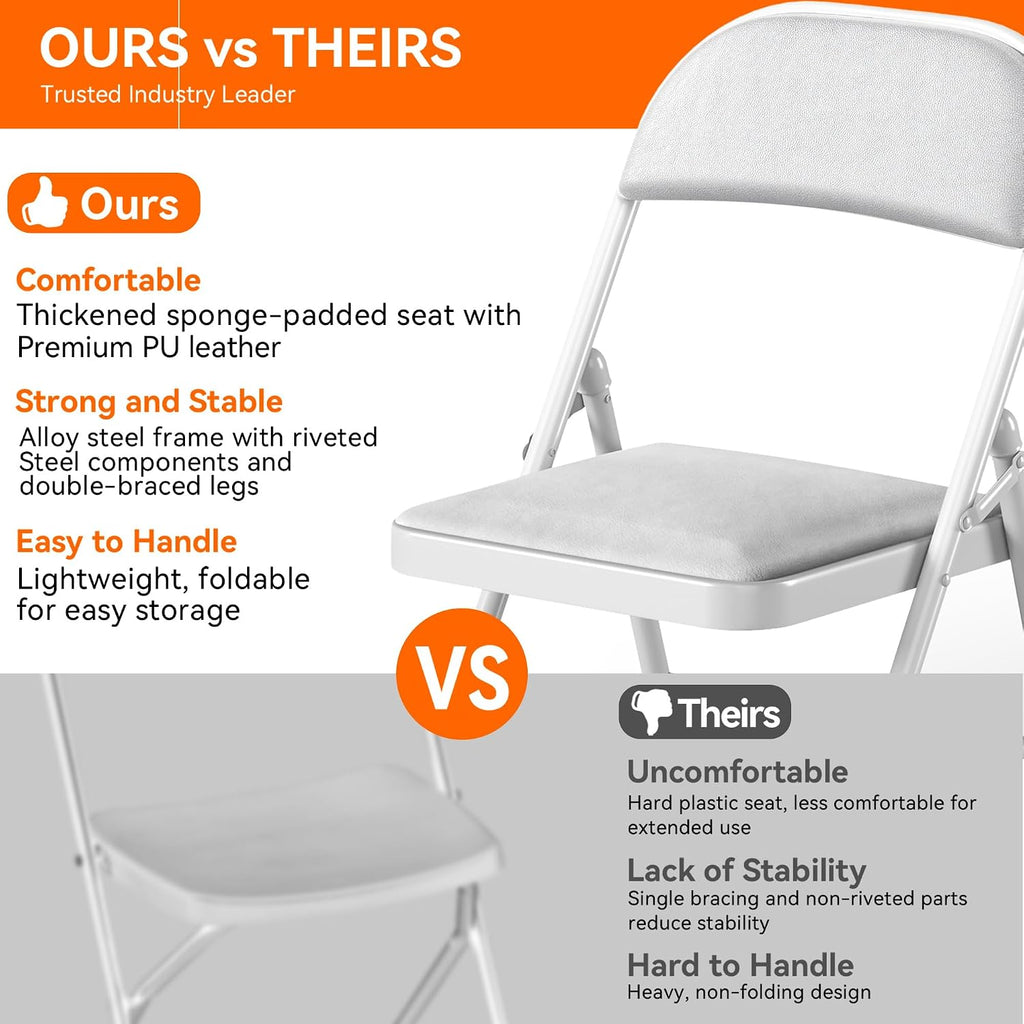 1 Pack Folding Chairs with Cushion Padded - Metal Chairs w/Comfortable Seats and Durable Steel Frame Foldable Chair for Indoor Outdoor Wedding, Party, Backyard & Office Events (White, 1 Pack)