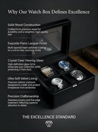 WB814-BK 4-Slot Walnut Wood Watch Box for Men with Glass Lid, Velvet-Lined Solid Wood Timepiece Storage Organizer Gift Idea