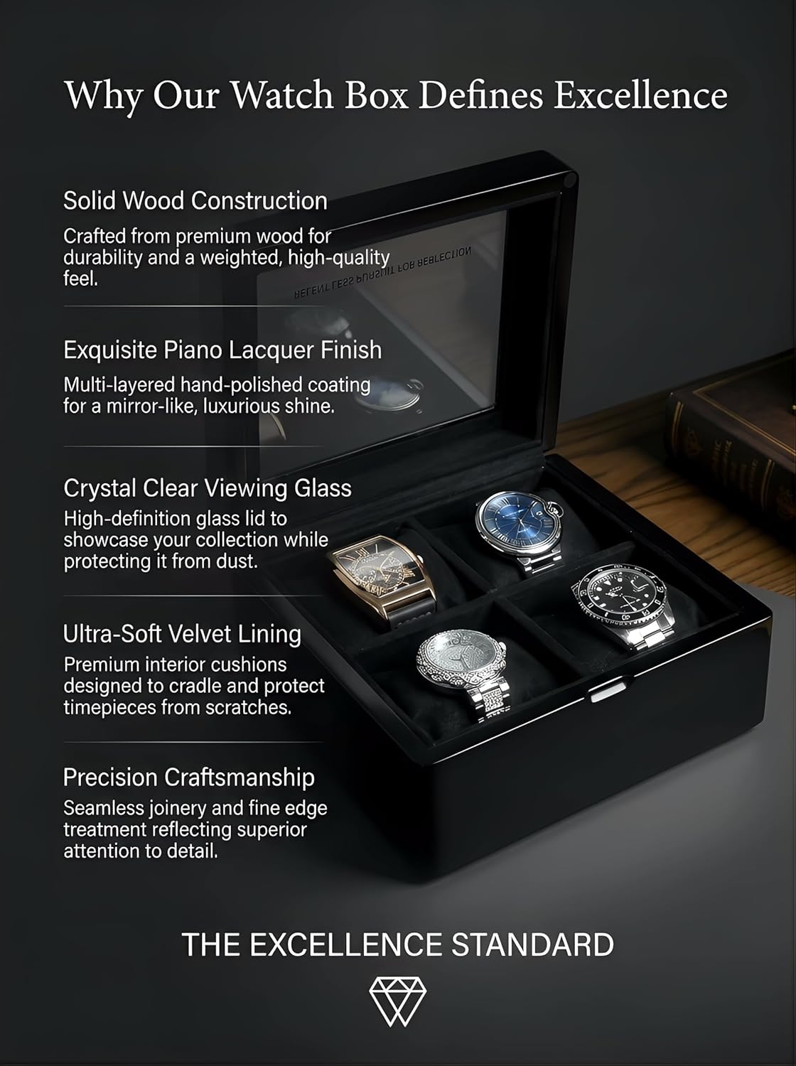 WB814-BK 4-Slot Walnut Wood Watch Box for Men with Glass Lid, Velvet-Lined Solid Wood Timepiece Storage Organizer Gift Idea