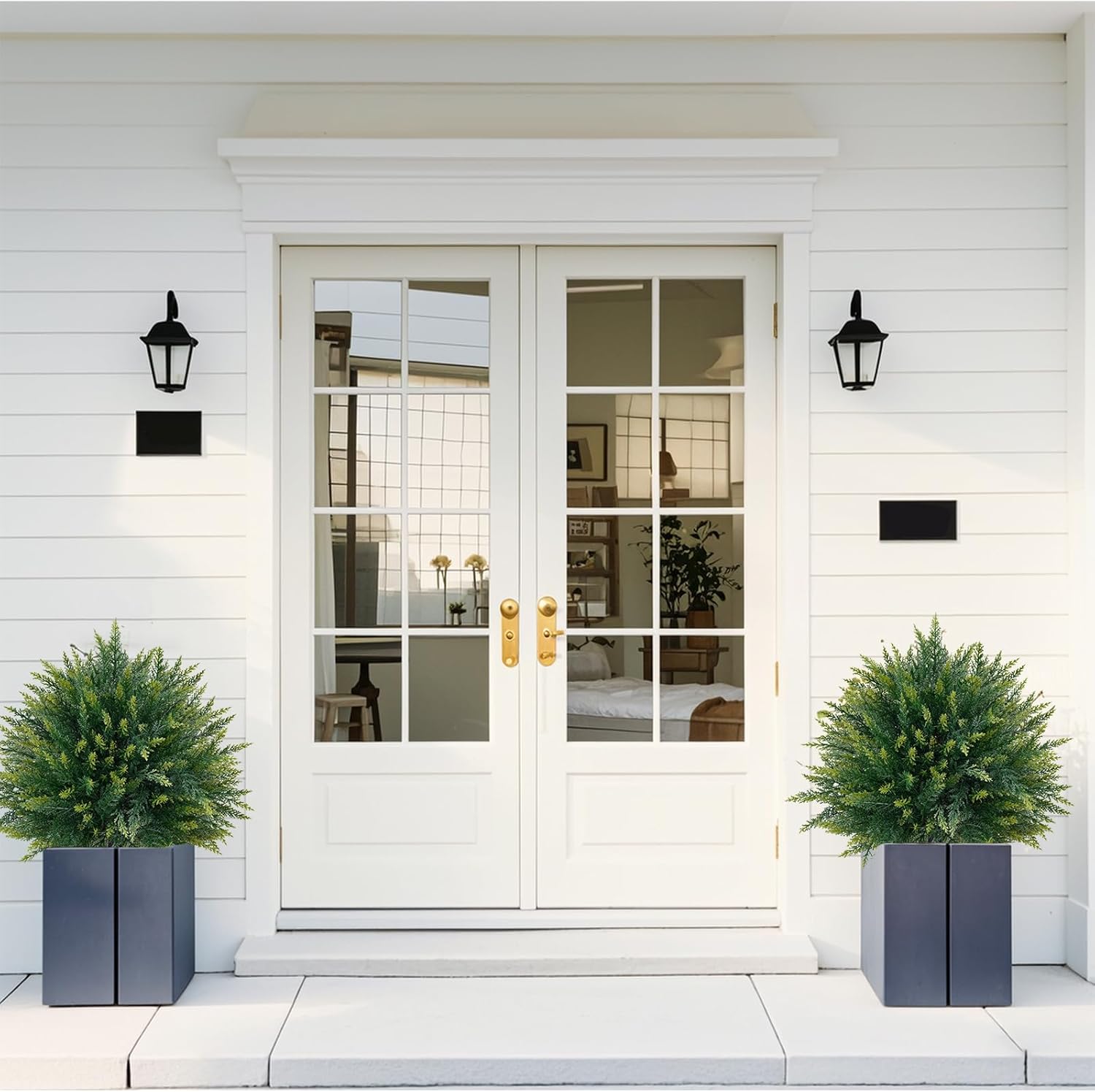 2 Pack Artificial Cedar Topiary Trees with Ground Spike, Fake Pine Shrubs Bushes, UV Resistant Faux Evergreen Cypress Tree Plants for Indoor Outdoor Planters Front Porch