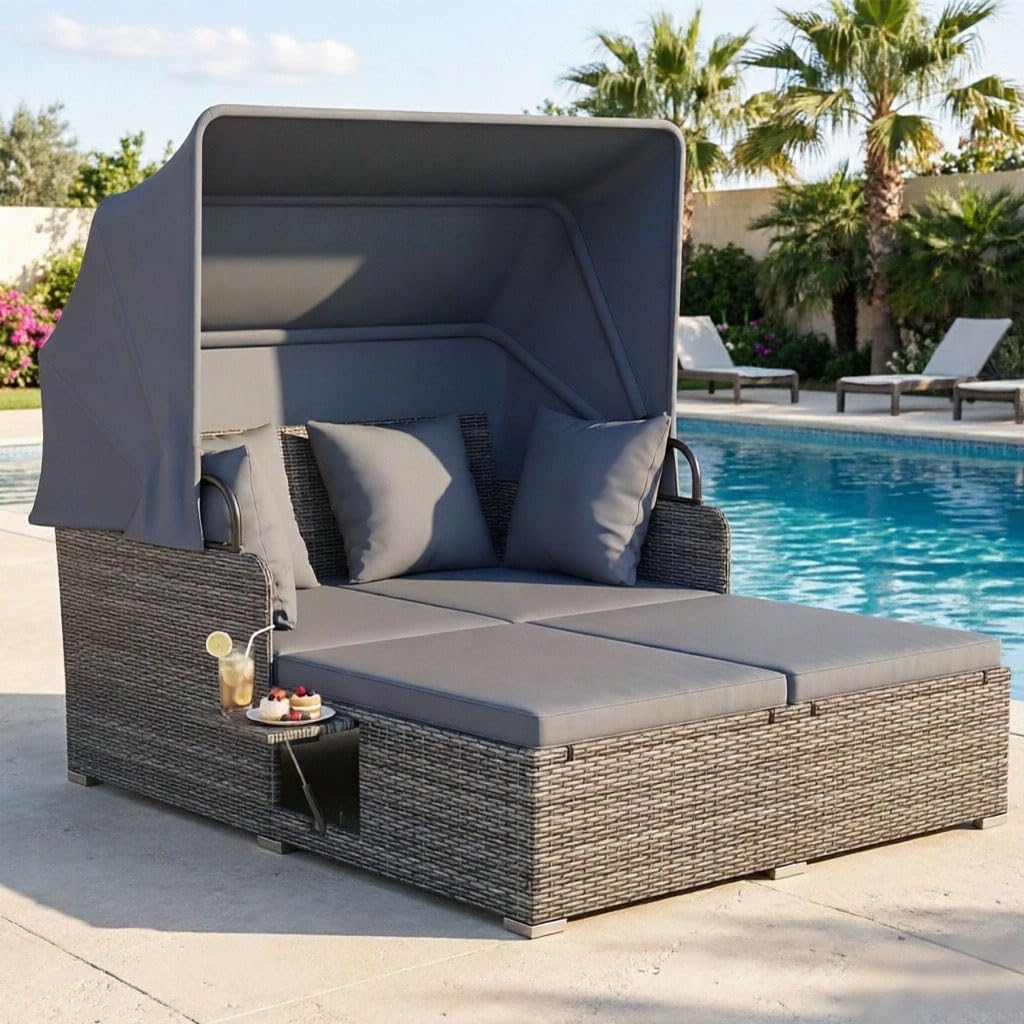 RELAX4LIFE Patio Outdoor Daybed with Canopy, Wicker Rattan Sunbed w/Cushions, 4 Pillows & 2 Retractable Side Trays, 2-Person Lounge Bed Conversation for Poolside Porch Garden (Gray-Grey)