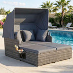 RELAX4LIFE Patio Outdoor Daybed with Canopy, Wicker Rattan Sunbed w/Cushions, 4 Pillows & 2 Retractable Side Trays, 2-Person Lounge Bed Conversation for Poolside Porch Garden (Gray-Grey)