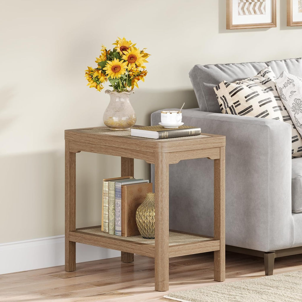 Eclatara Rattan Night Stand - Farmhouse 2 Tier End Table for Bedroom - Accent Side Table wtih Open Storage Shelves for Small Space Narrow Coffee Table Bamboo (2, Natural Oak)