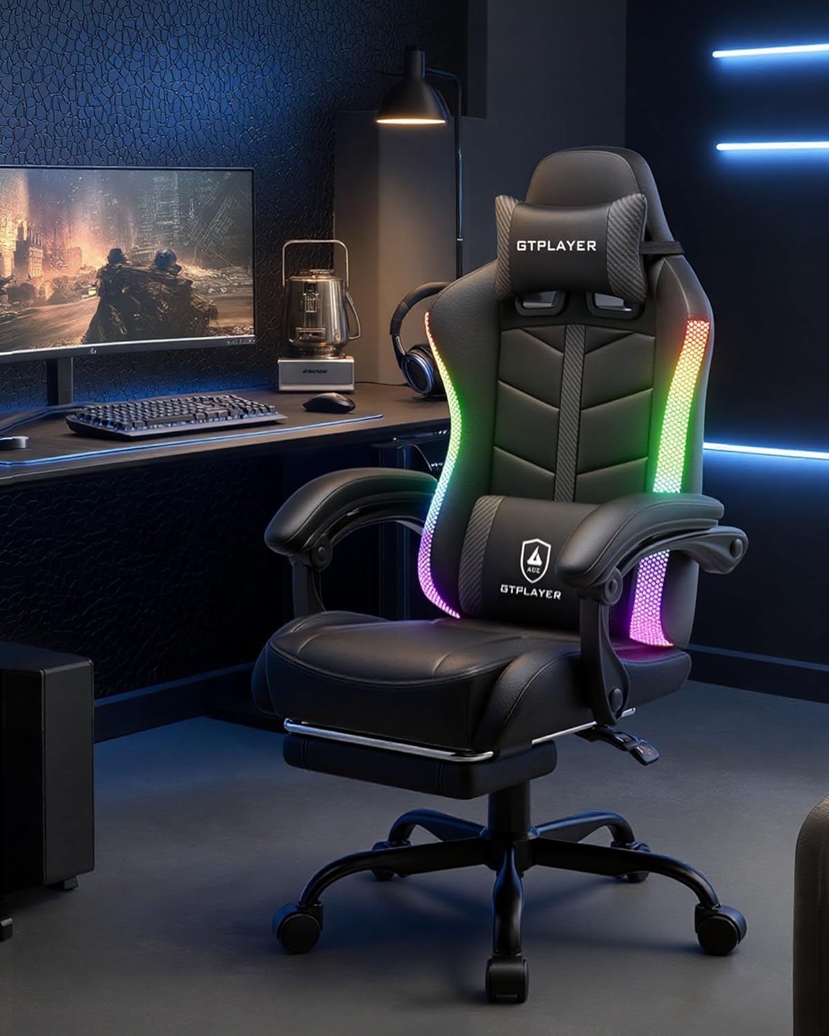 GTPLAYER Gaming Chair, Ergonomic Computer Office Chairs for Adults with Footrest, Height Adjustable, Linkage Armrests, 90-155° Recline & Headrest Lumbar Support, RGB Black