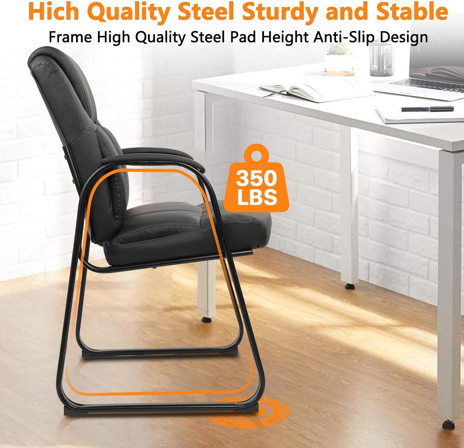 CLATINA Leather Waiting Room Chair, Sled Base No Wheels Reception Guest Chair with Padded Armrest, Comfy Upholstered Office Computer Desk Chair for Home Office Meeting Room Lobby, Black, 8 Pack