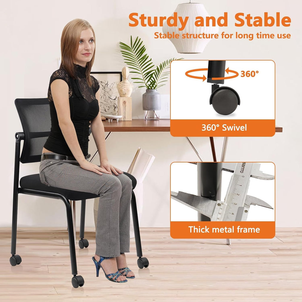CLATINA 12PK Mesh Stacking Office Desk Chairs with Wheels, Portable Stackable Bulk Waiting Room Armless Chair with Adjustable Back & Fabric Seat for Guest Lobby Side School Church Conference Break