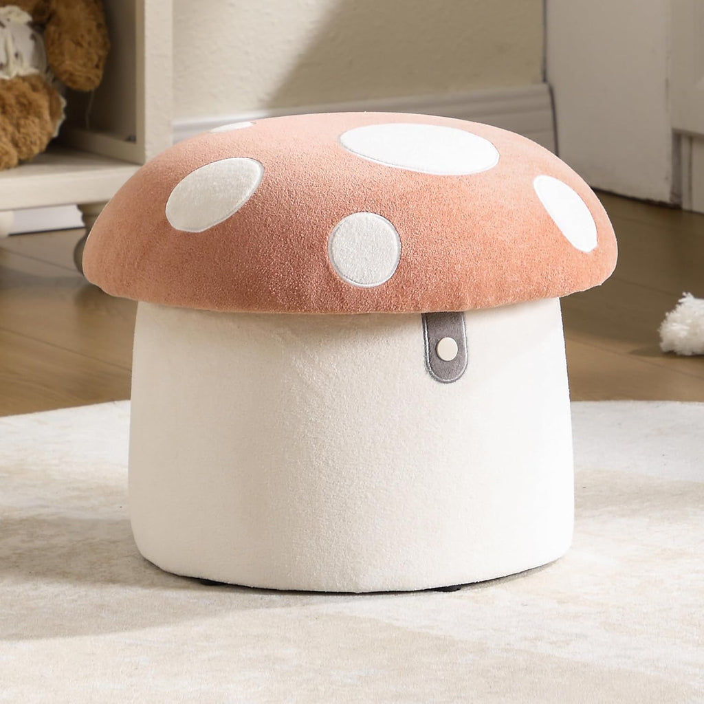 Mushroom Toddler Chair Comfy Chenille Kids Reading Chairs, Wooden Children Stool, No Assembly Kid Desk Chair, Cute Storage Ottoman for Kids Bedroom Furniture/Playroom/Boys Girls Gifts, Pink