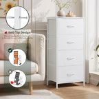 4 Drawers Dresser for Bedroom Fabric Storage Tower with Wooden Top | Steel Frame Tall Chest of Drawers for Closet, Entryway, Dorm, White