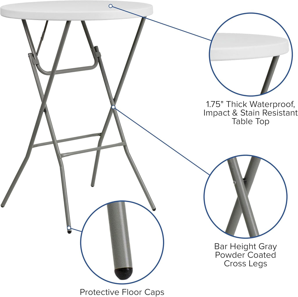 Flash Furniture Elon 32' Round Folding Bar Height Table for Parties and Commercial Events, Indoor/Outdoor Plastic Tall Round Table, White