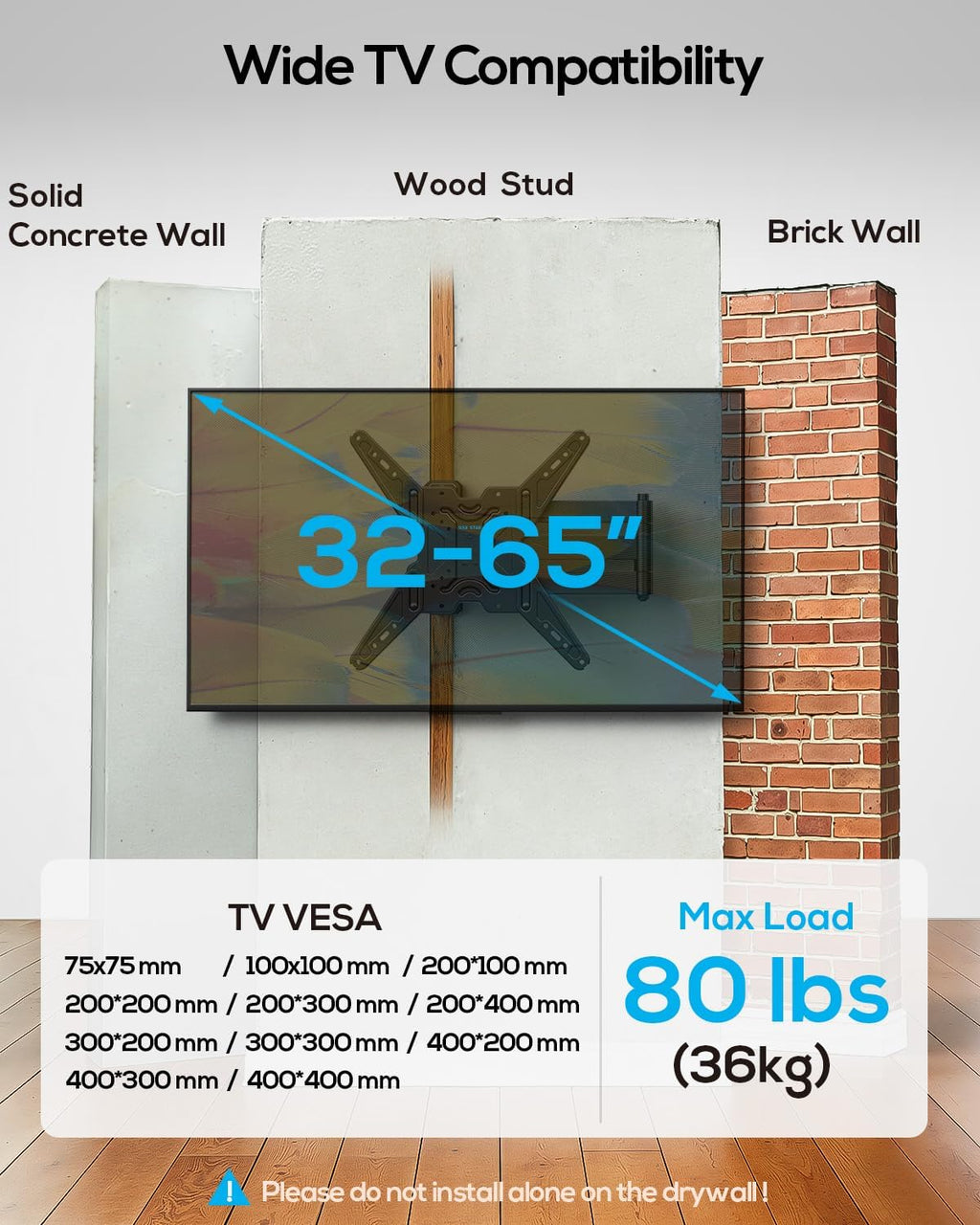 USX STAR Corner TV Wall Mount Long Arm TV Mount Bracket for 32-65 Inch TVs, Full Motion Mounts with 29” Articulating Arms Extension & Tilt & Swivel, Holds up to 400x400mm VESA, 80 lbs for 55 65 TVS