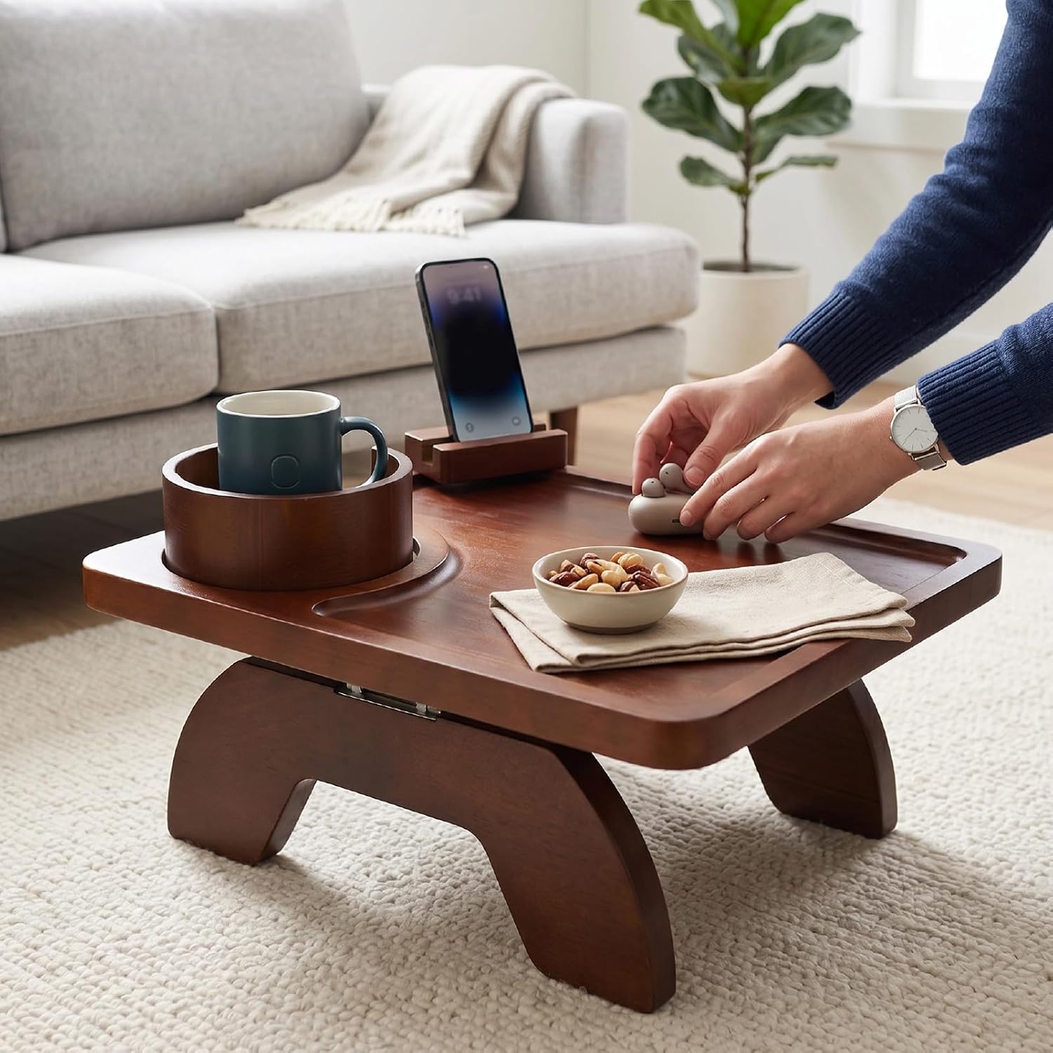 Asixxsix Sofa Arm Tray, Natural Pinewood Clip On Tray with Cup Holder and 360 Degree Rotatable Phone Stand, Foldable Couch Armrest Table for Living Room Snacks Drinks Remote Control (Brown)