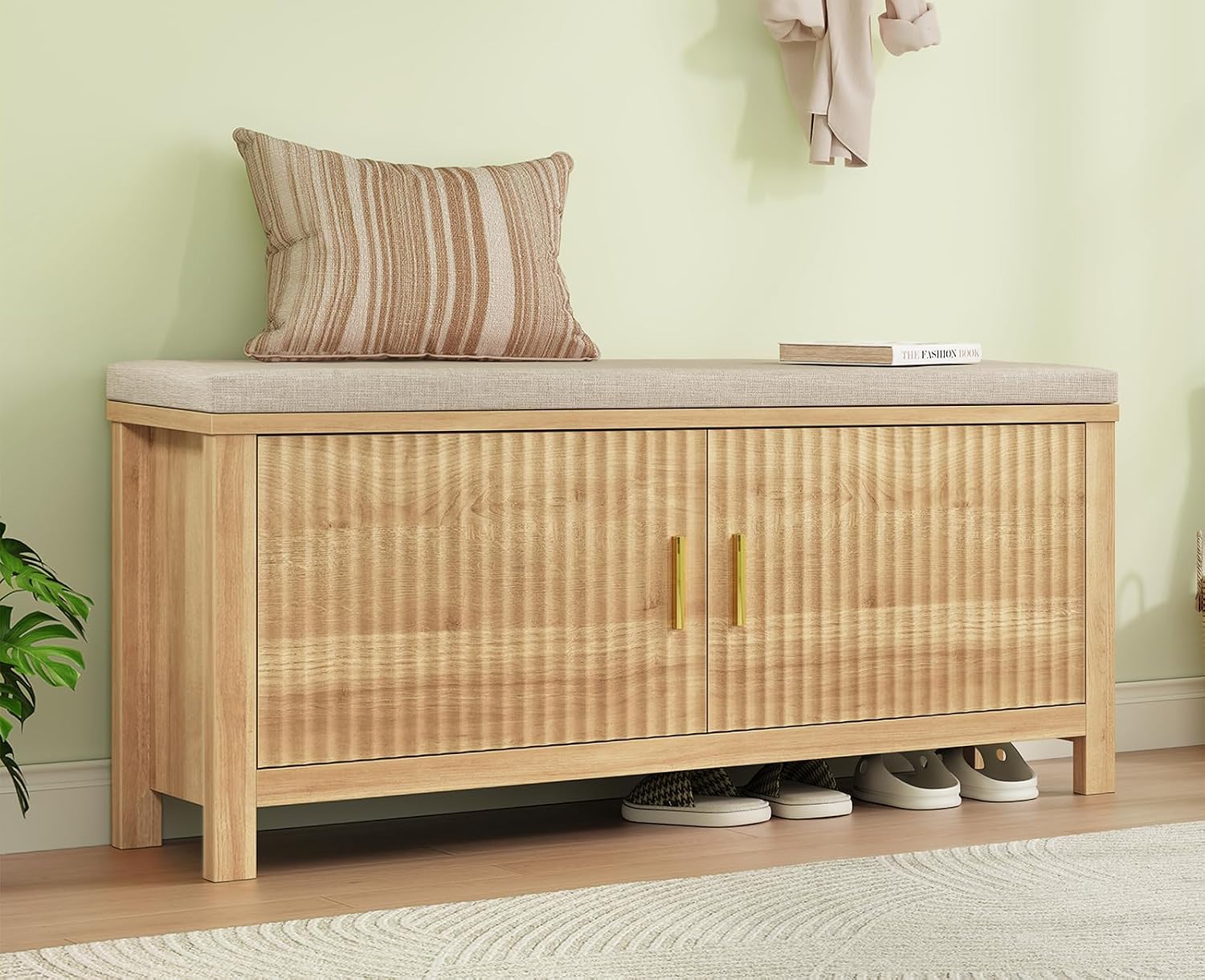 39.4" Shoe Storage Bench with Seating Cushion, Fluted 2-Tier Entryway Bench with 2 Doors & Adjustable Shelves, Shoe Cabinet Bench for Entryway, Bedroom, Hallway, and Living Room