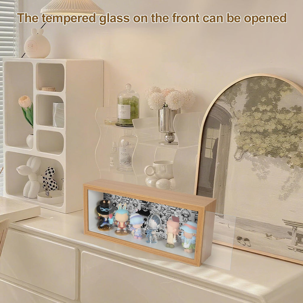 Display Case for Figures with Tempered Glass Door, Wall Mounted Wood Display Case for Collectibles, Dustproof Display Shelf for Pop Mart, Labubu, Action Figures, Mini Toys and Figurines