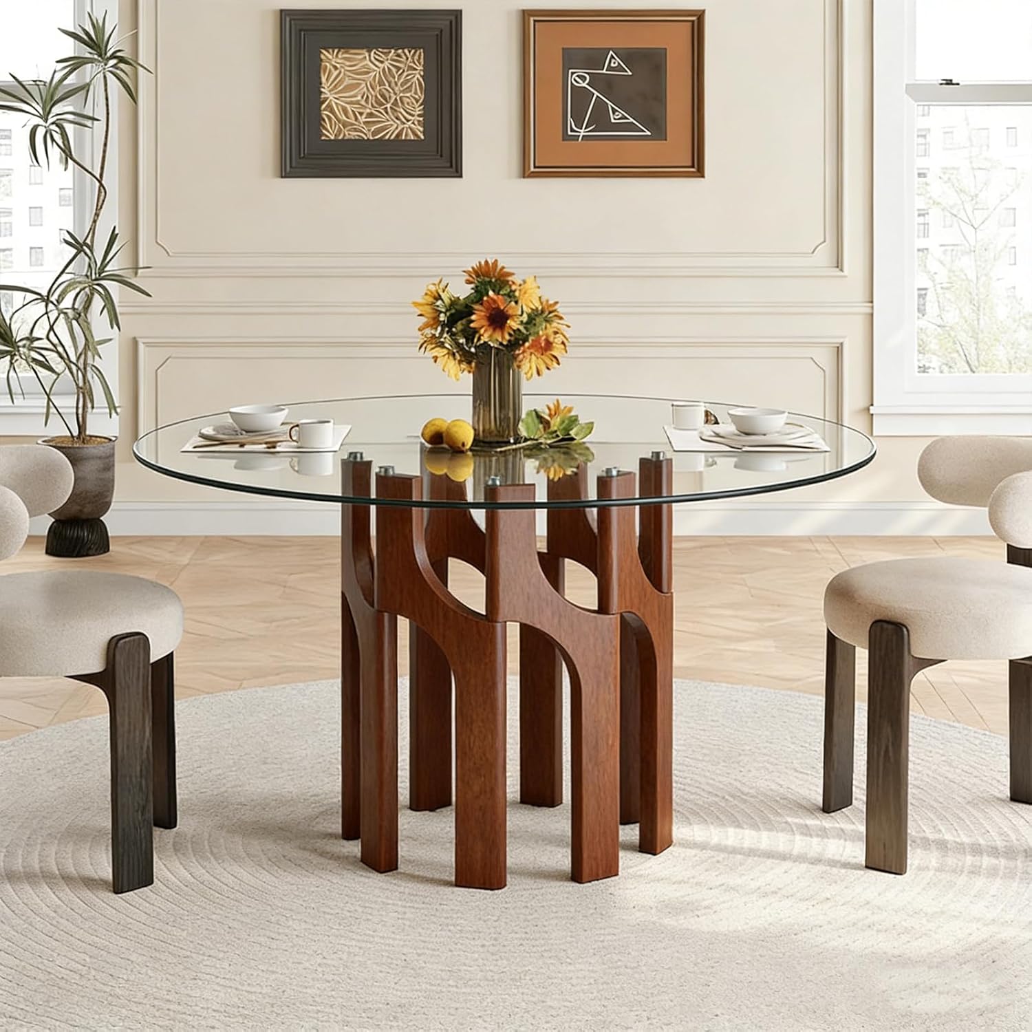 Round Glass Dining Table for 4-6, Modern 46-Inch Kitchen Table with Sturdy Pedestal Base & Clear Tempered Glass Top, Circle Dinner Table for Dining Room, Living Room & Small Apartment (Walnut)