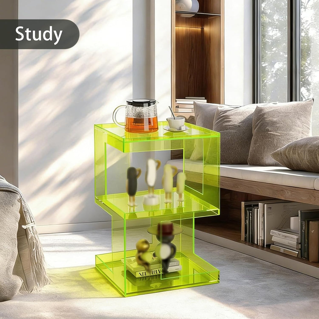 Acrylic End Table with 3 Tiers Storage, Modern Transparent Side Table and Multifunctional Accent Table, Small Nightstand or End Tables for Living Room, Bedroom, Office Decor, Fluorescent Green