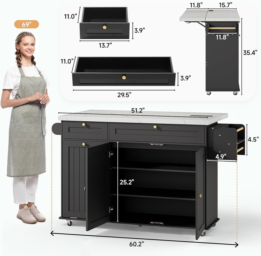 ONBRILL 60" Kitchen Island with Power Outlet & Drop Leaf, Rolling Island with Spice Rack & Towel Rack, Kitchen Island Cart with Trash Storage Cabinet, Island Table for Kitchen, Black+Imitation Marble
