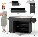 ONBRILL 60" Kitchen Island with Power Outlet & Drop Leaf, Rolling Island with Spice Rack & Towel Rack, Kitchen Island Cart with Trash Storage Cabinet, Island Table for Kitchen, Black+Imitation Marble