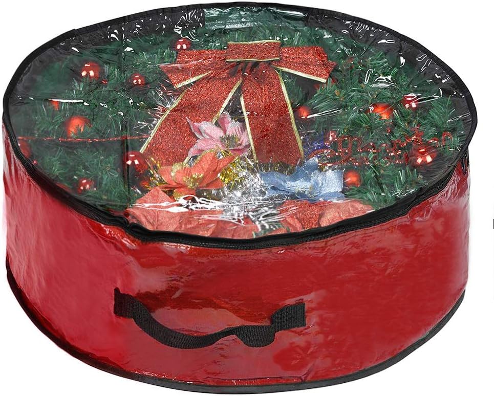 Propik Christmas Wreath Storage Bag 36" - Garland Holiday Container with Clear Window - Tear Resistant Fabric - 36" X 36" X 8" (Red)