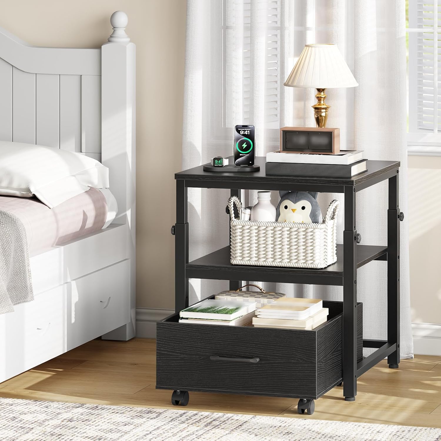 HOOBRO Mini Fridge Stand with Storage Basket, Height-Adjustable Mini Fridge Cabinet, Mini Fridge Stand with Wheels and Adjustable Feet, for Kitchen, Living Room, Black BB455BX01