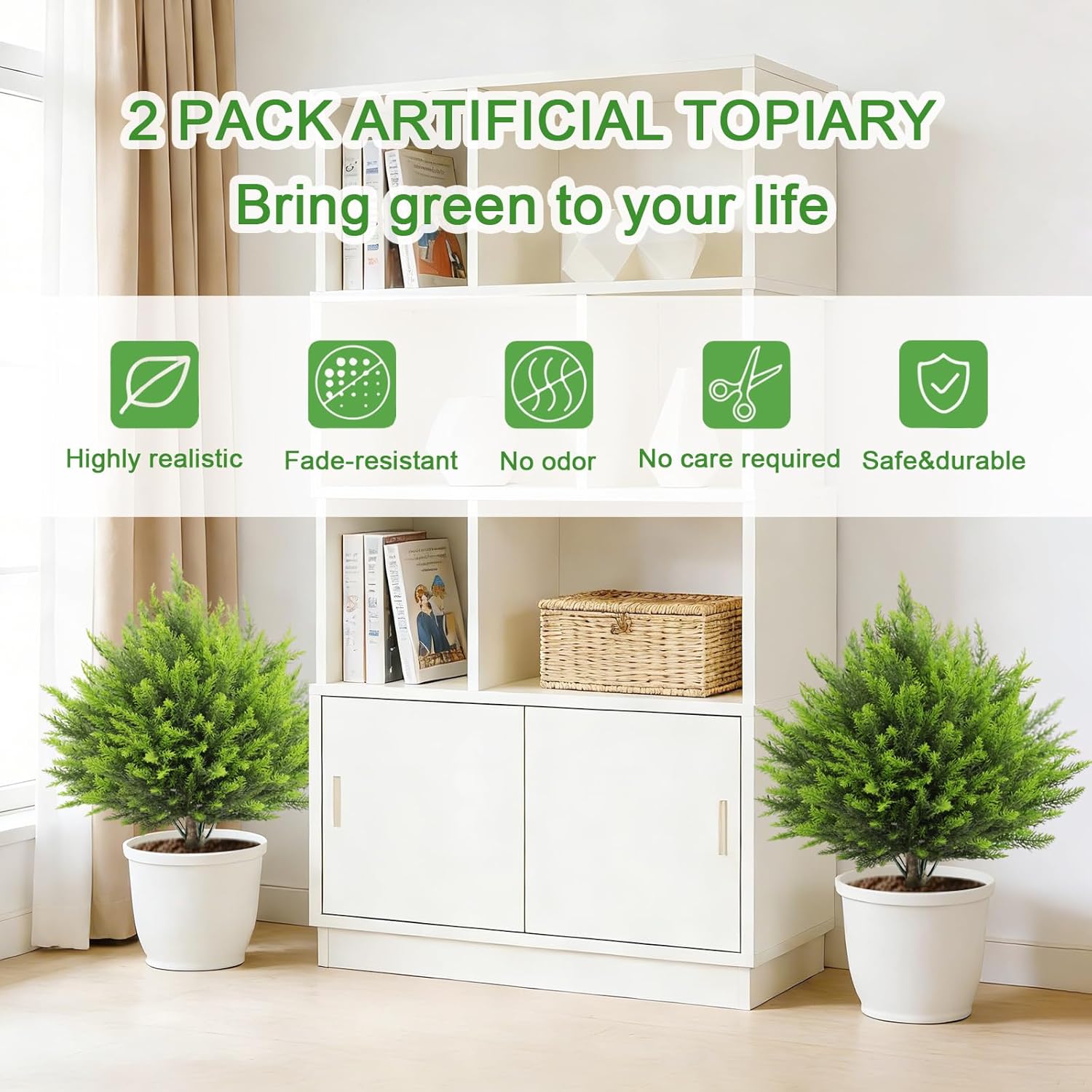 2 Set Artificial Cedar Topiary Ball Trees with Spike, 24" UV Resistant Fake Evergreen Shrubs Plants for Outdoor, Faux Cypress Bushes for Indoor Front Porch Garden