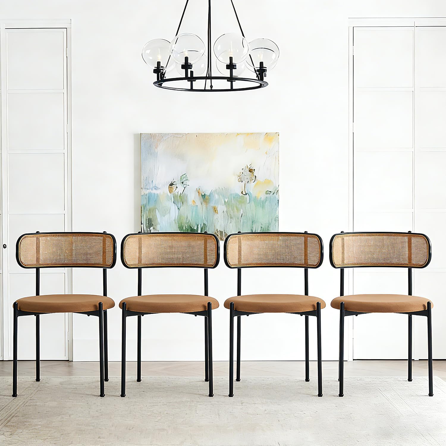 Brown Rattan Dining Chairs Set of 6, Mid-Century Modern Chair with Boucle, Kitchen Dining Room Chairs for Living Room with Metal Legs, Round Upholstered Sherpa