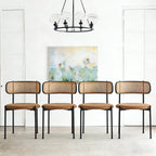 Brown Rattan Dining Chairs Set of 4, Mid-Century Modern Chair with Boucle, Kitchen Dining Room Chairs for Living Room with Metal Legs, Round Upholstered Sherpa
