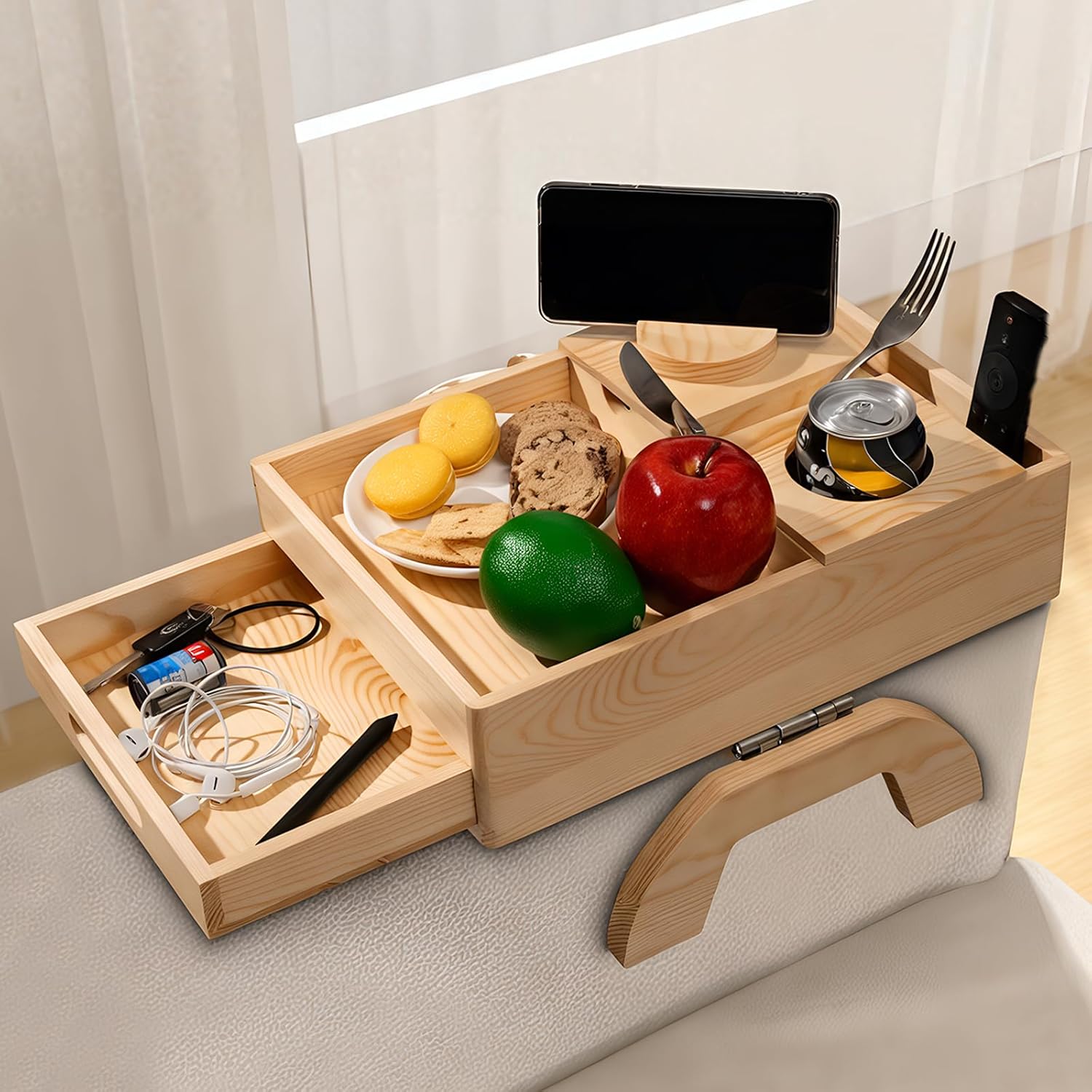 FrutPunch Couch Cup Holder Tray, 6-in-1 Couch Arm Tray, Couch Armrest Table with Drawer for Organizing and Storing Small Items, 360° Rotating Phone Holder for Placing Drinks, Books, Snacks.