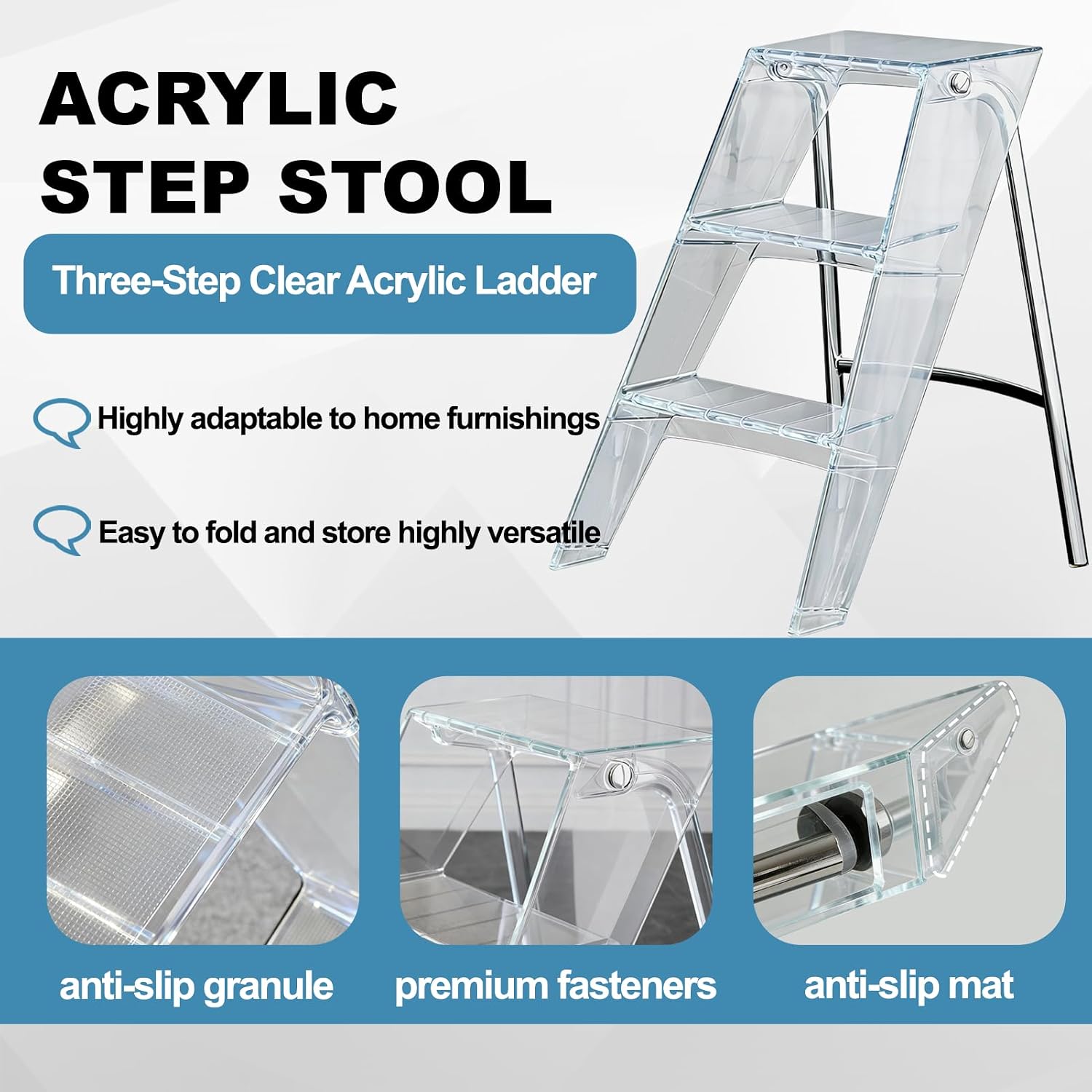 Transparent Acrylic 3-Step Folding Step Stool, 220 lbs Weight Capacity, Sleek Collapsible Step Ladder with Compact Design, Portable for Home, Kitchen, Bathroom and Closet