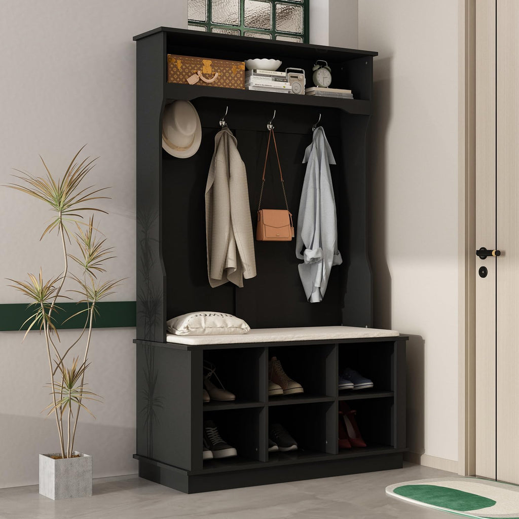 WOODTIME Hall Tree with Bench and Shoe Storage, Multi-Purpose Entryway Bench with Coat Rack, Open Shelf and 4 Double Hooks, Black