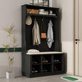 WOODTIME Hall Tree with Bench and Shoe Storage, Multi-Purpose Entryway Bench with Coat Rack, Open Shelf and 4 Double Hooks, Black