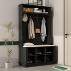 WOODTIME Hall Tree with Bench and Shoe Storage, Multi-Purpose Entryway Bench with Coat Rack, Open Shelf and 4 Double Hooks, Black