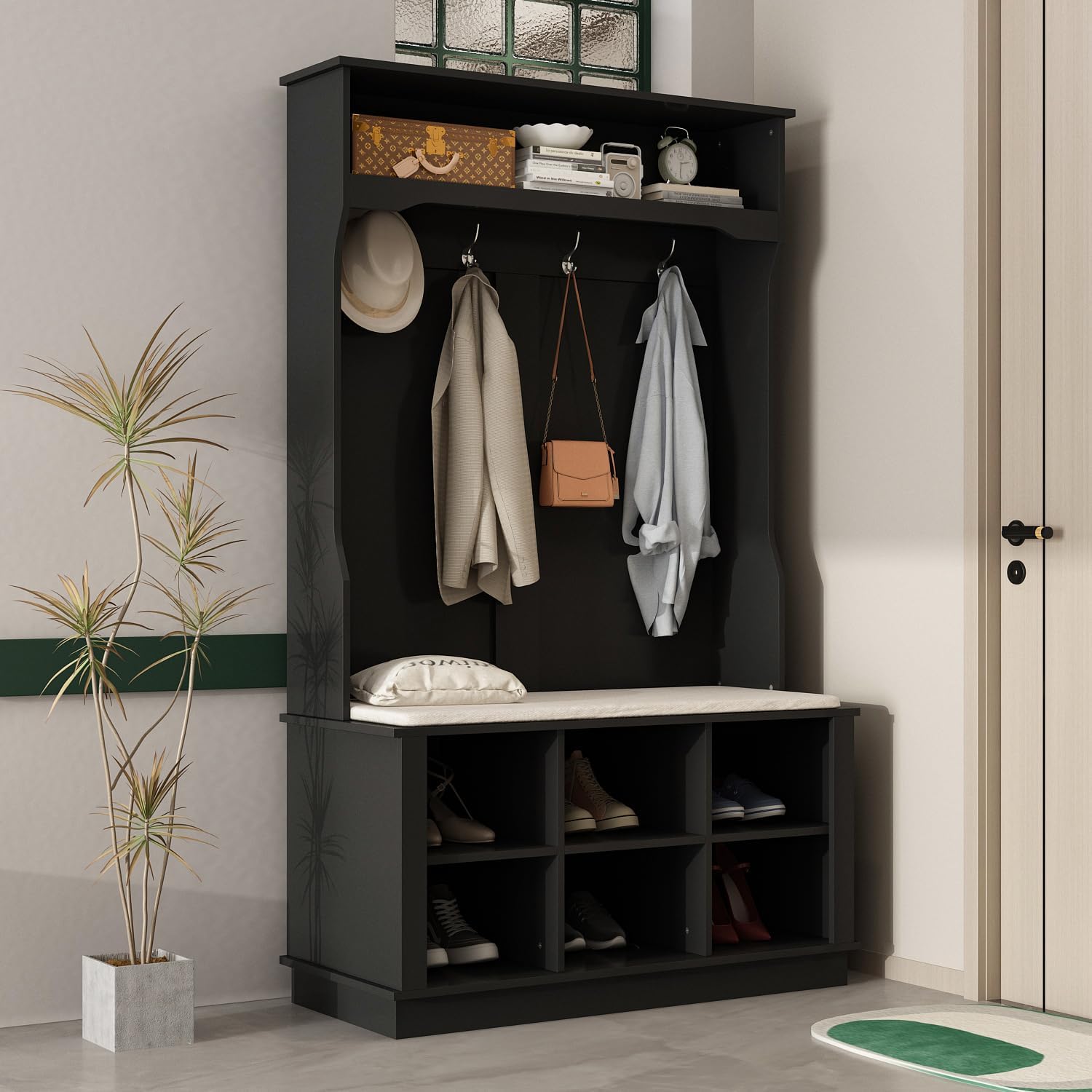 WOODTIME Hall Tree with Bench and Shoe Storage, Multi-Purpose Entryway Bench with Coat Rack, Open Shelf and 4 Double Hooks, Black