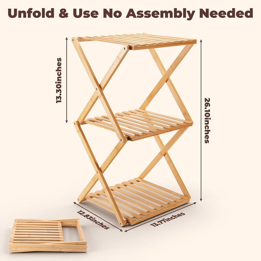 3-Tier Bamboo Folding Shelf, Multi-Purpose Storage Rack for Shoes, Plants, Camping Gear, Entryway, Closet, Bedroom, Hallway & Outdoor Use, Space-Saving Foldable Organizer