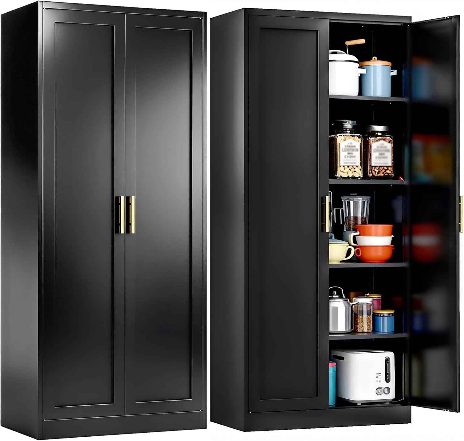 Kitchen Pantry Cabinet, 71”H Metal Storage Cabinet with Doors and 4 Adjustable Shelves, Black Pantry Cabinets for Kitchen, Living Room, Dining Room and Bathroom