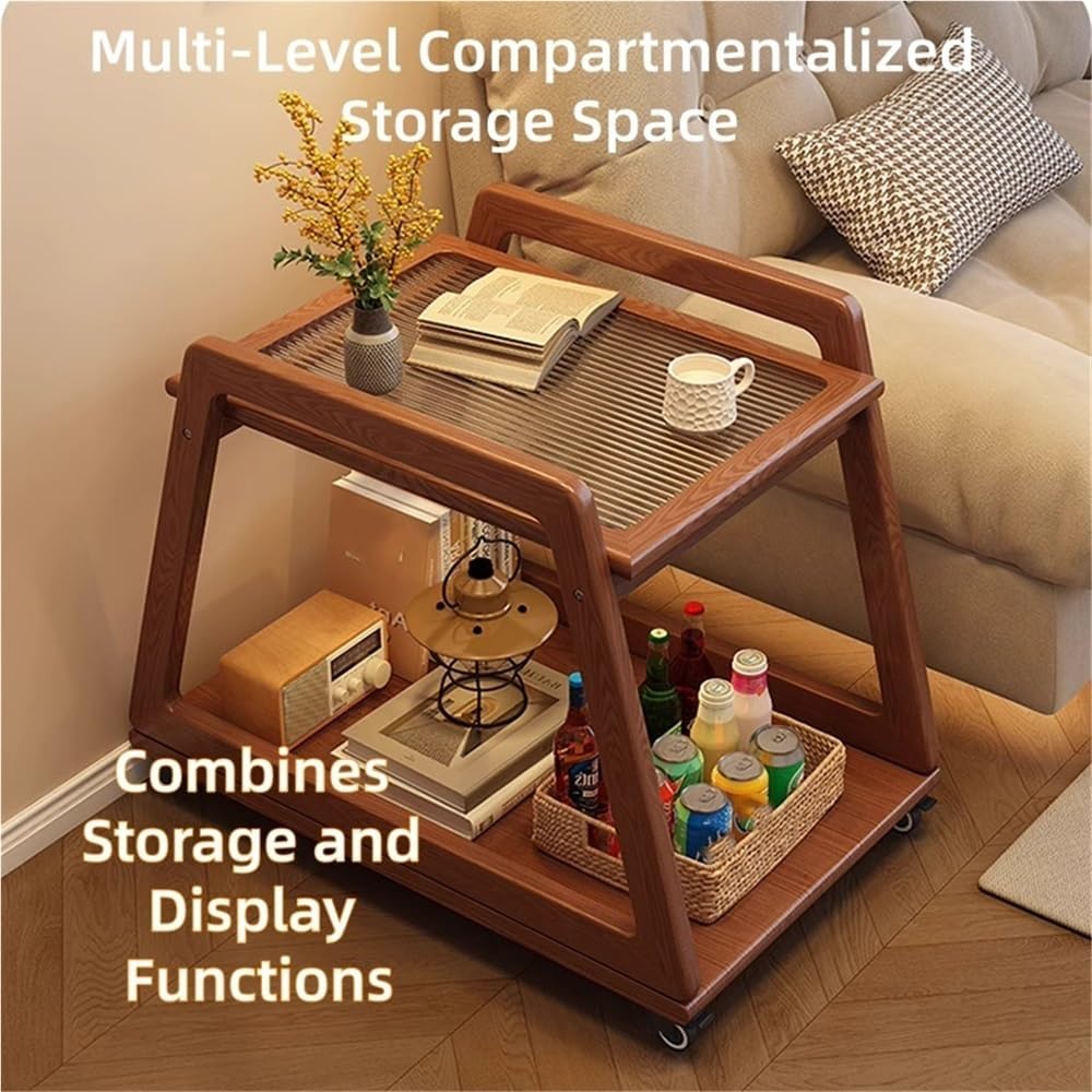 Movable Sofa Side Table with Glass, 2 Tier End Table with Wheels, Small Table with Storage Shelf, Couch Table for Small Spaces, Bedroom, Living Room, Entryway(Black)