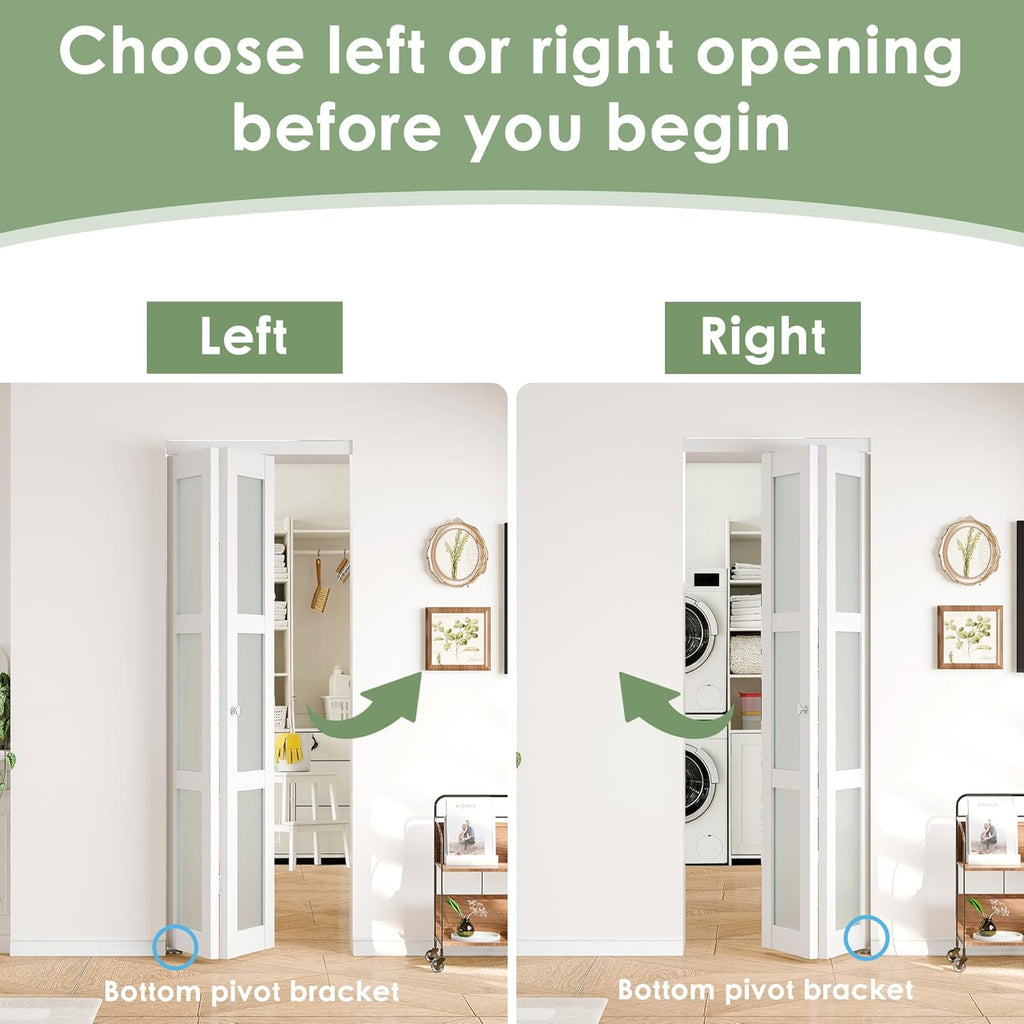 Bifold Door for 28" x 80" Opening, Preassembled 3-Lite Tempered Frosted Glass Closet Door with Hardware Kit, Interior Folding Door for Bedroom, Pantry & Laundry