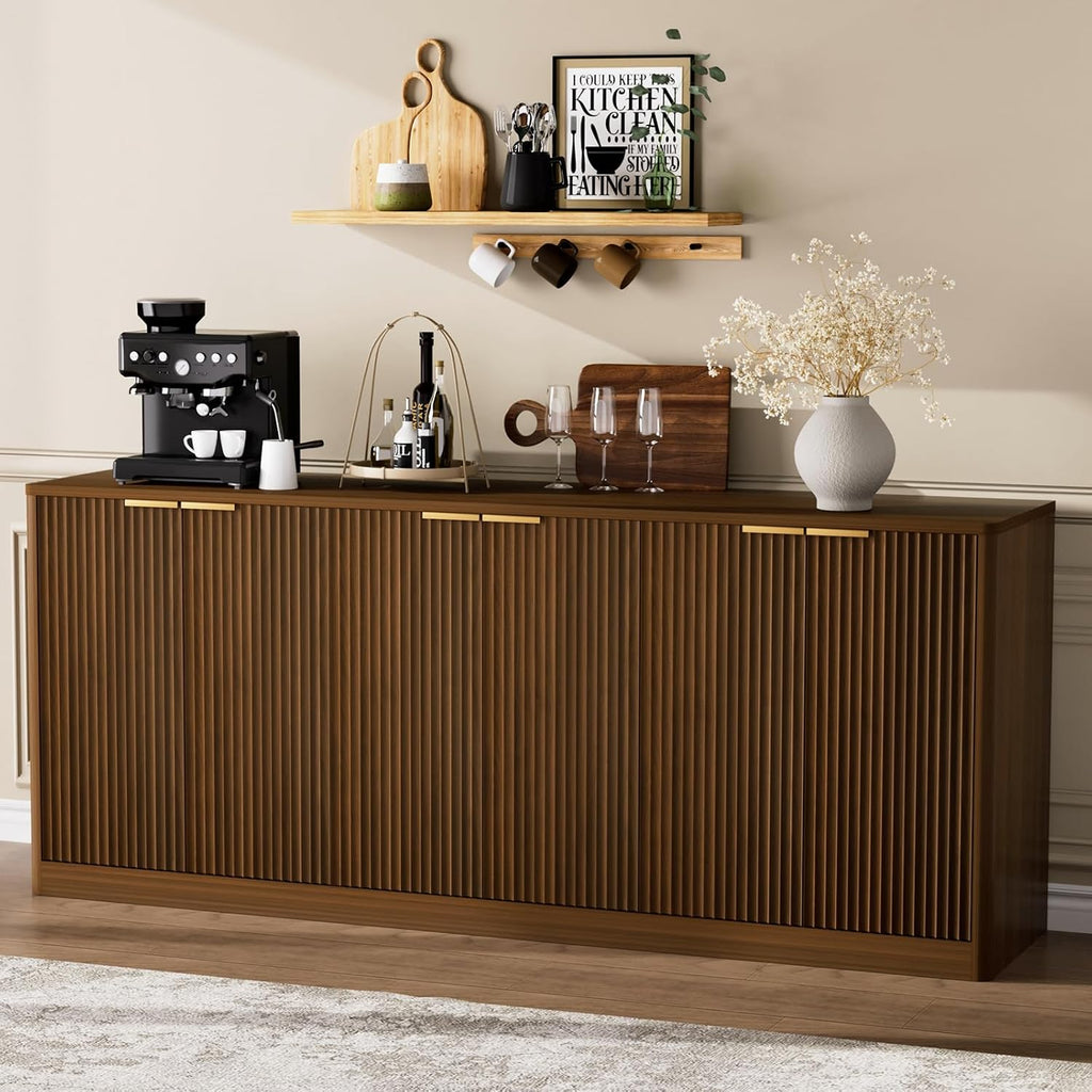67" Fluted Buffet Sideboard Cabinet with Storages, Modern Accent Cabinet with 6 Doors,Large Storage Cabinet for Kitchen, Living Room,Entryway(Walnut)