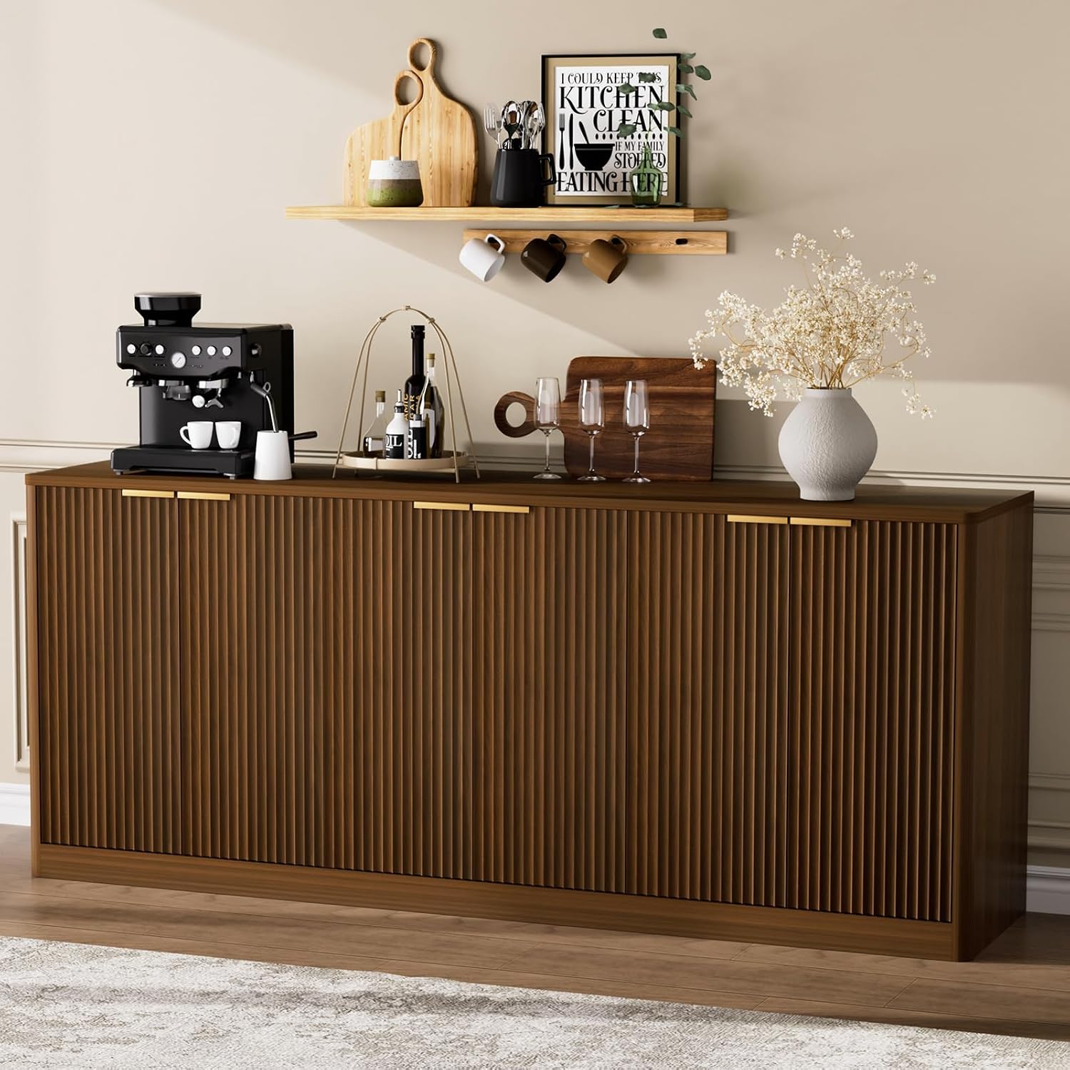 67" Fluted Buffet Sideboard Cabinet with Storages, Modern Accent Cabinet with 6 Doors,Large Storage Cabinet for Kitchen, Living Room,Entryway(Walnut)