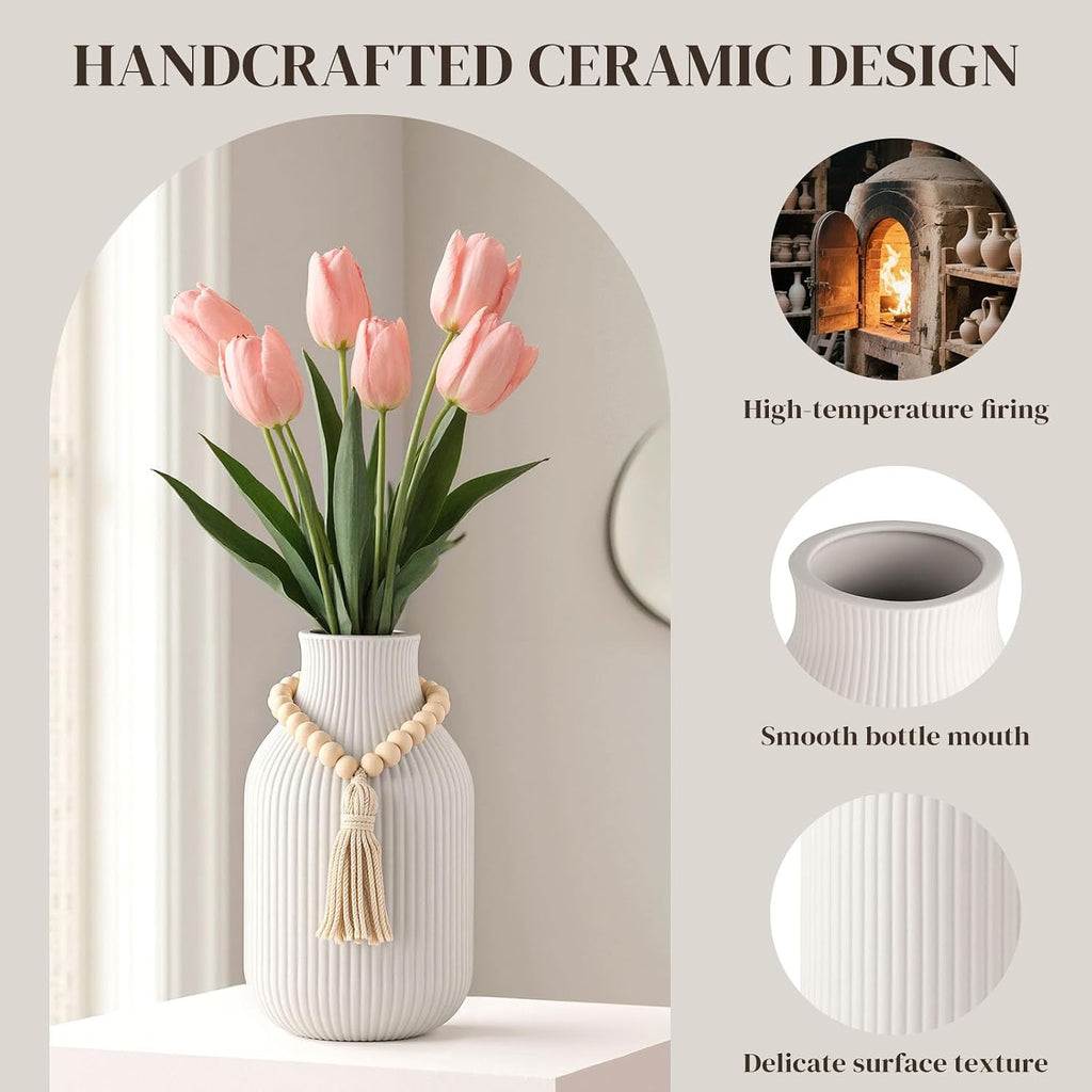 JOHOUSE White Ceramic Vase, 7.9 Inch Boho Ribbed Vase with Wooden Beads Tassel for Pampas Grass, Wedding Centerpiece, Coffee Table, Bedroom & Apartment, Neutral Farmhouse Decor
