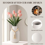 JOHOUSE White Ceramic Vase, 7.9 Inch Boho Ribbed Vase with Wooden Beads Tassel for Pampas Grass, Wedding Centerpiece, Coffee Table, Bedroom & Apartment, Neutral Farmhouse Decor