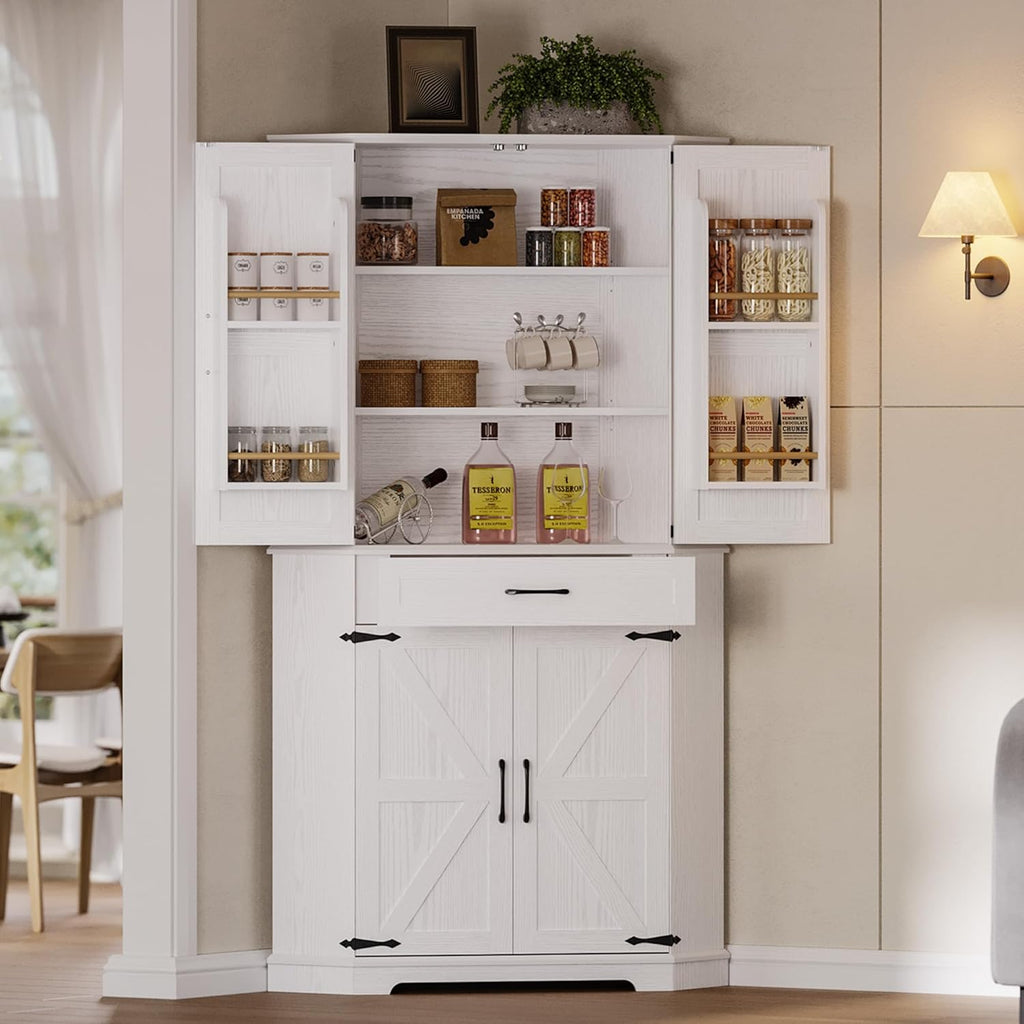 IRONCK 72" Corner Cabinet, Kitchen Pantry Storage Cabinet with Drawer, Spacious Farmhouse Pantry with 3 Adjustable Shelves, 2 Doors Storage, for Kitchen, White