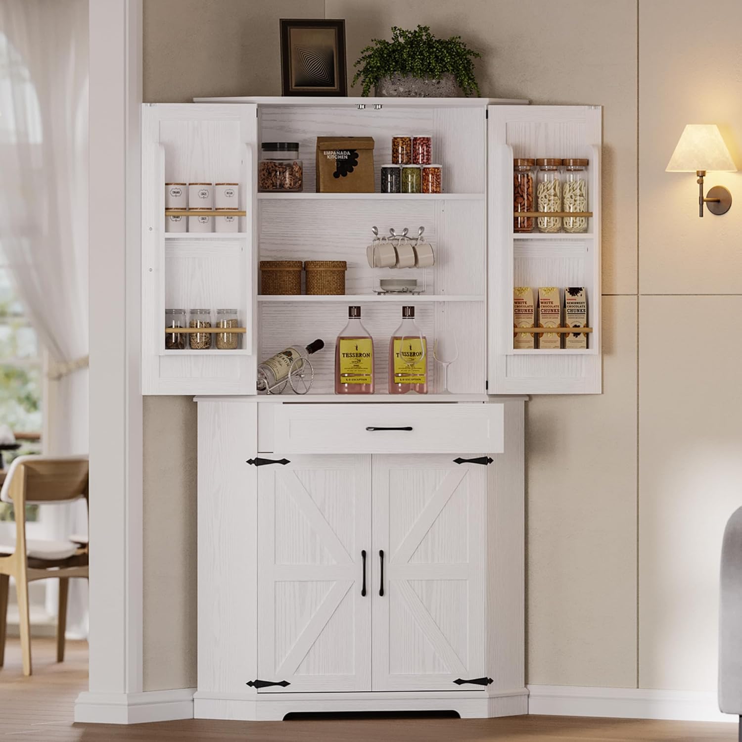 IRONCK 72" Corner Cabinet, Kitchen Pantry Storage Cabinet with Drawer, Spacious Farmhouse Pantry with 3 Adjustable Shelves, 2 Doors Storage, for Kitchen, White