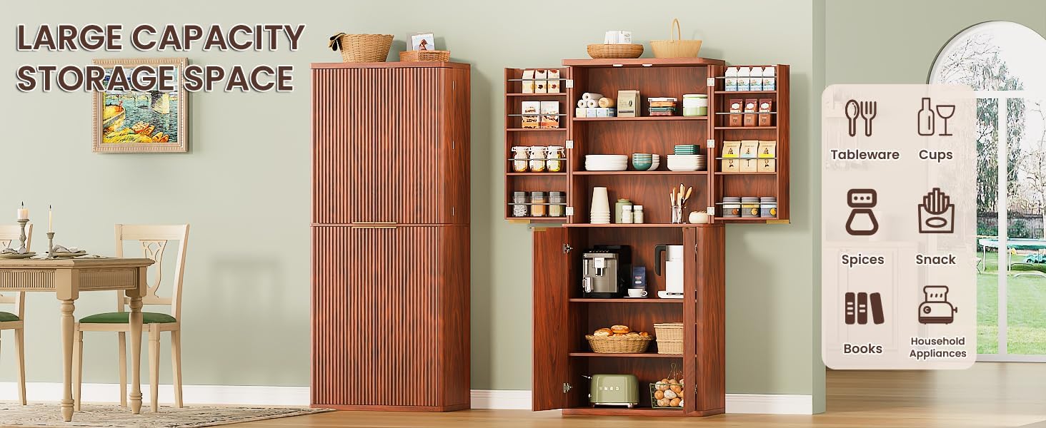 72" Tall Kitchen Pantry Cabinet with 6 Door Shelves, Modern Fluted Wood Storage Cupboard, Walnut Finish Organizer for Kitchen and Dining Fluted Cabinet Room, 30" W x Fluted Pantry c