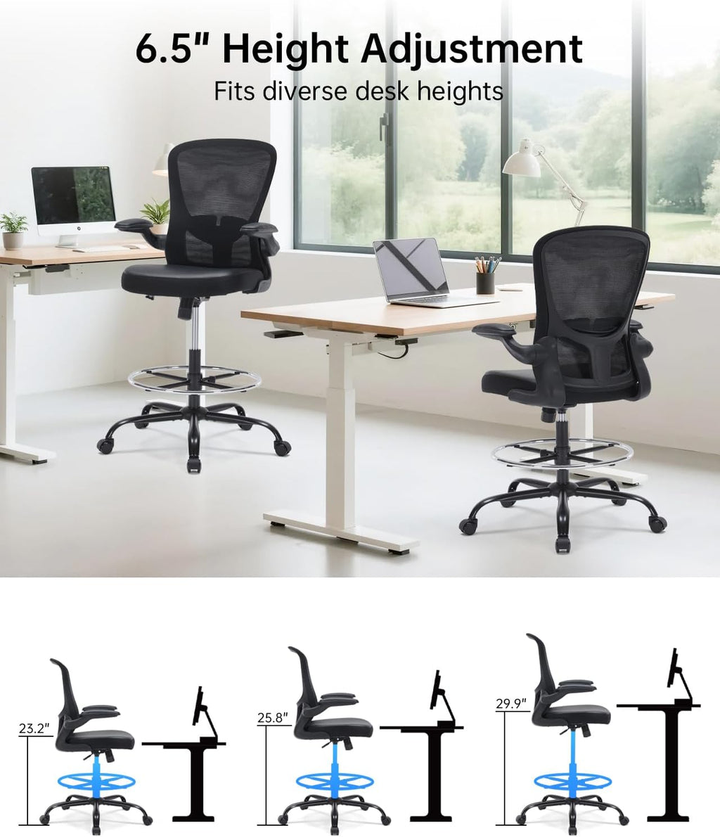 Drafting Chair Tall Office Chair with Flip-up Arms Adjustable Height Standing Desk Chair with Lumbar Support and Footrest Ring Ergonomic Executive Computer Chair Swivel Drafting Stool for Work/Drawing