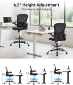 Drafting Chair Tall Office Chair with Flip-up Arms Adjustable Height Standing Desk Chair with Lumbar Support and Footrest Ring Ergonomic Executive Computer Chair Swivel Drafting Stool for Work/Drawing